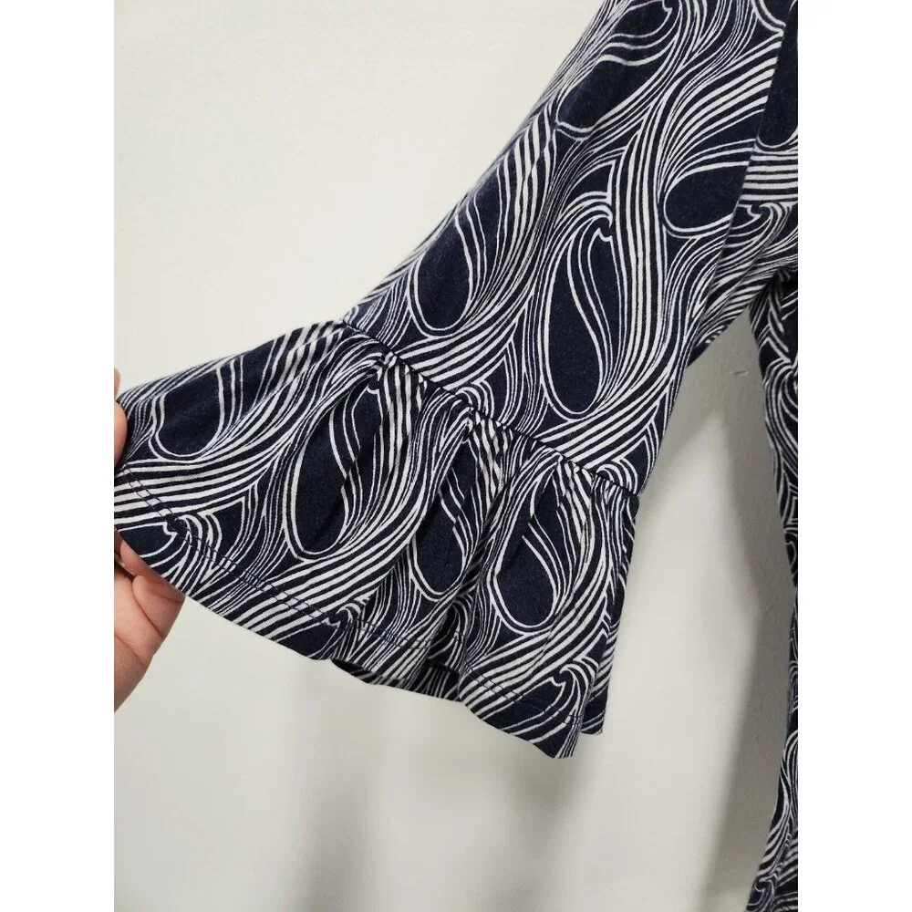 Michael Michael Kors Womens BOHO Artsy Top XL Navy White Abstract‎ Bell Sleeve